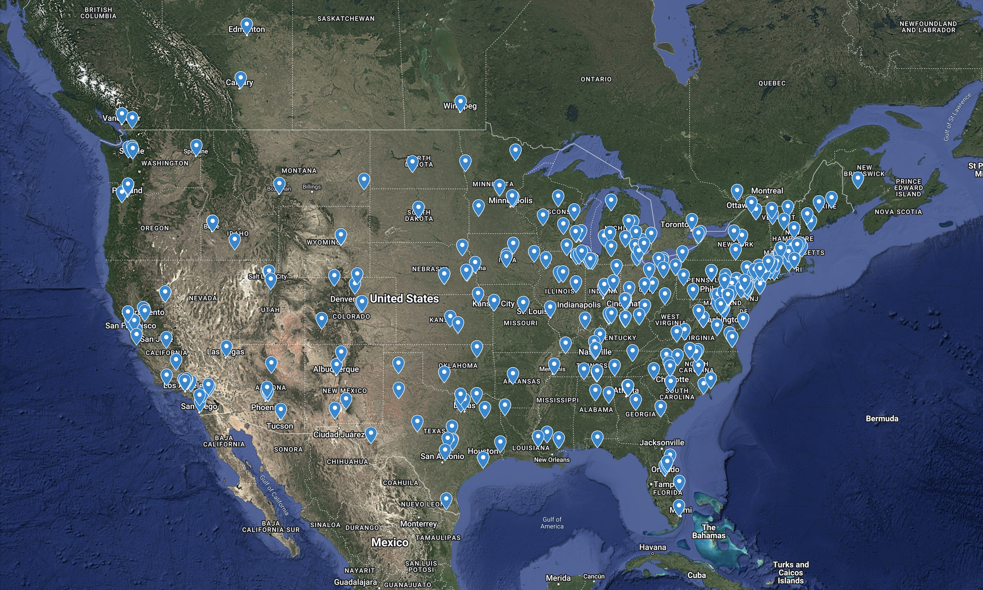 A map of the continental United States with a few hundred blue pins scattered across the country. The pins are more densely distributed in areas of the country with high population density.