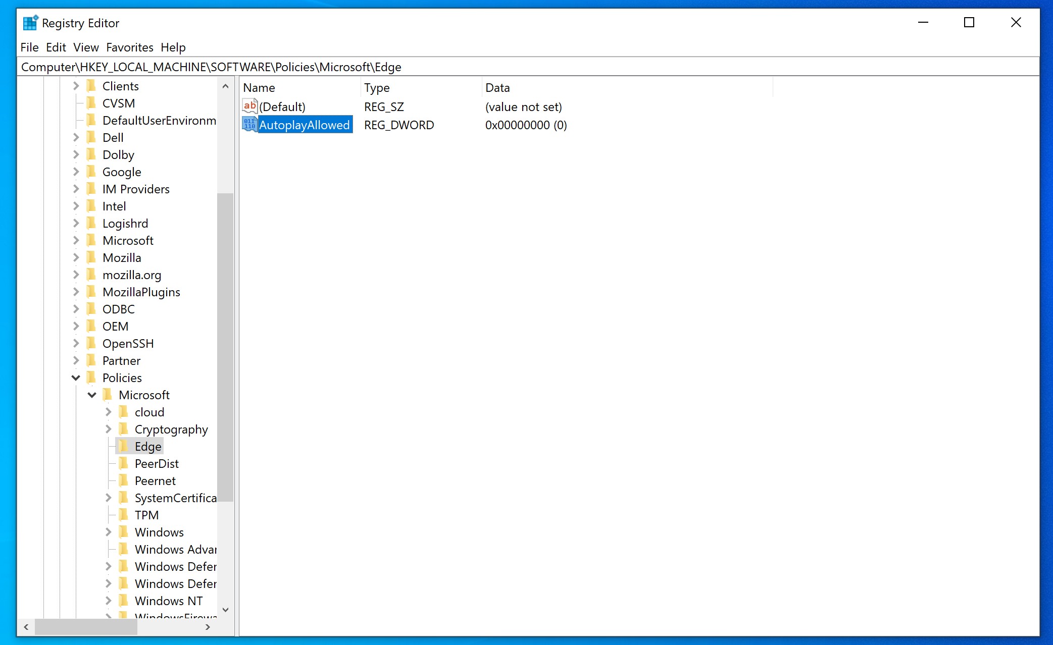 Screenshot of the Registry Editor at path HKEY_LOCAL_MACHINE\SOFTWARE\Policies\Microsoft\Edge. Two entries are listed: "(Default)" with no value set, and "AutoplayAllowed" of type REG_DWORD with a value of 0x00000000 (0).