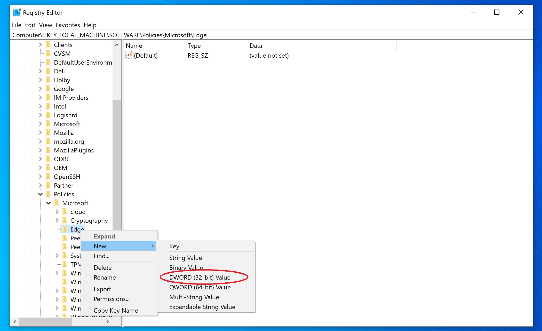 Screenshot of the Registry Editor with the path HKEY_LOCAL_MACHINE\SOFTWARE\Policies\Microsoft\Edge selected. A context menu is open, showing the "New" submenu with "DWORD (32-bit) Value" highlighted.