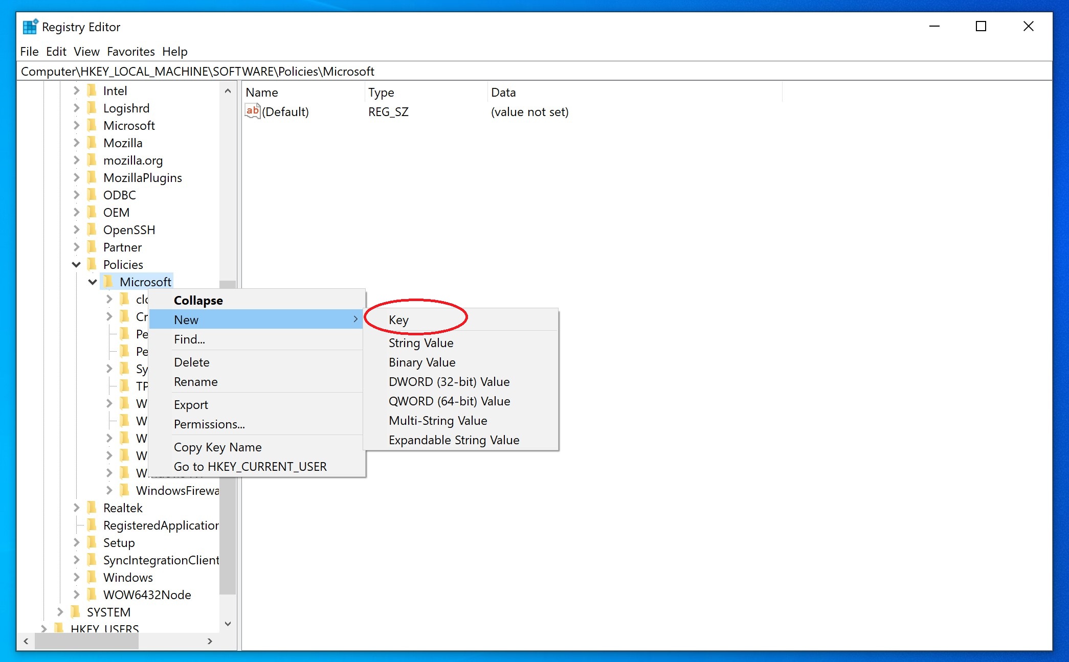 Screenshot of the Registry Editor with the path HKEY_LOCAL_MACHINE\SOFTWARE\Policies\Microsoft selected. A context menu is open, showing the "New" submenu with "Key" highlighted, indicating the creation of a new registry key.