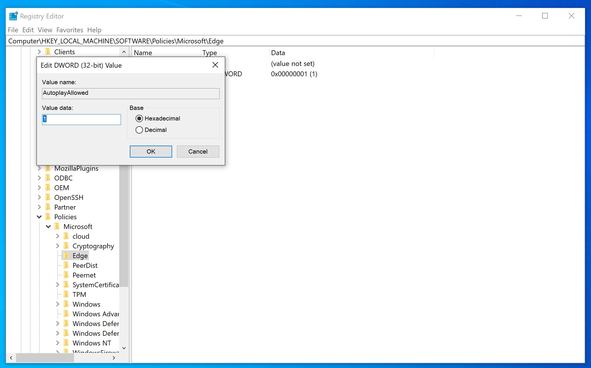 Screenshot of the Registry Editor with a dialog box titled "Edit DWORD (32-bit) Value." The fields show "Value name: AutoplayAllowed" and "Value data: 1." The base is set to "Hexadecimal," with an option to switch to "Decimal."