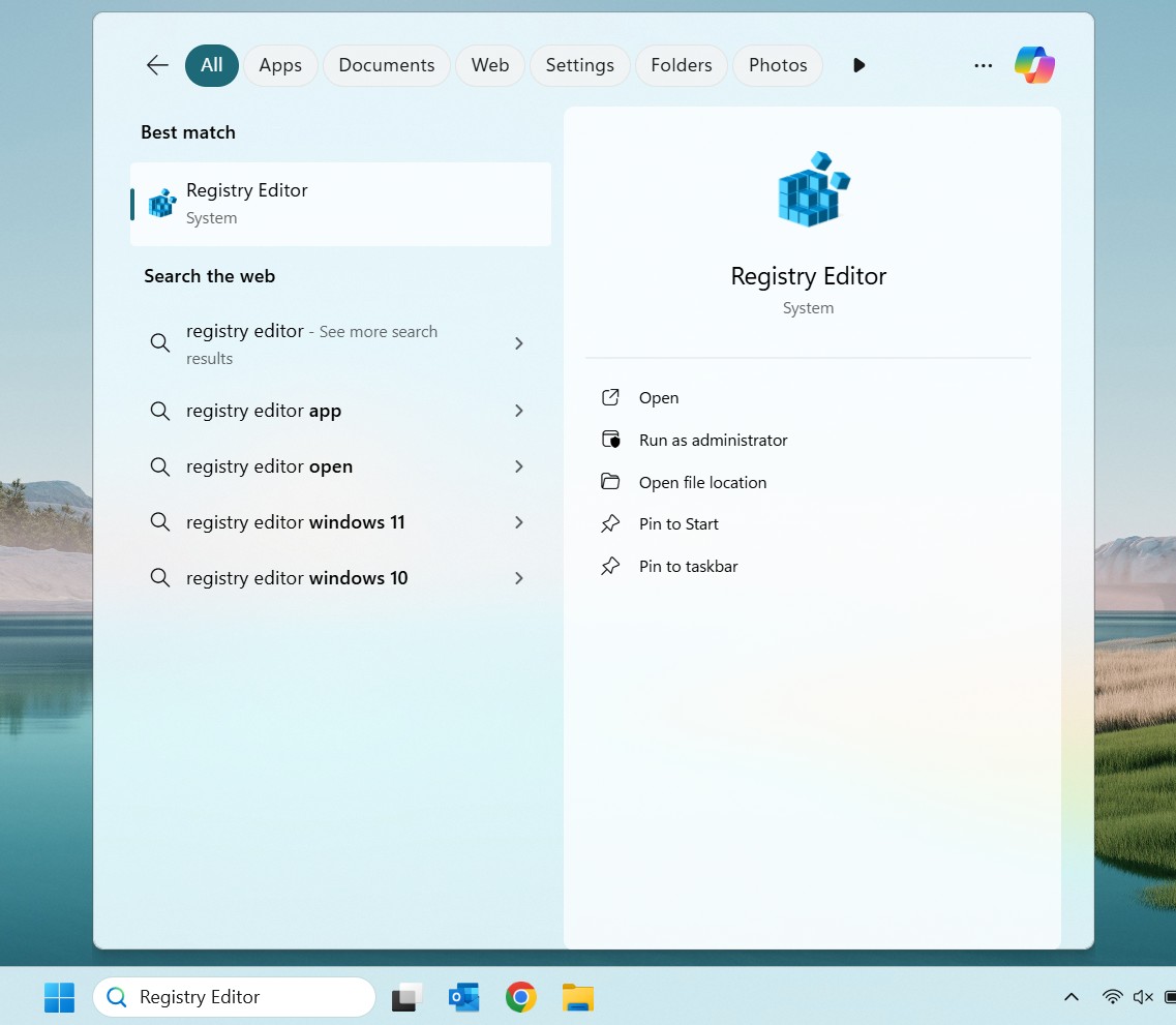 Screenshot of Windows search results for "Registry Editor." The right-hand panel displays options including "Open," "Run as administrator," "Open file location," "Pin to Start," and "Pin to taskbar."