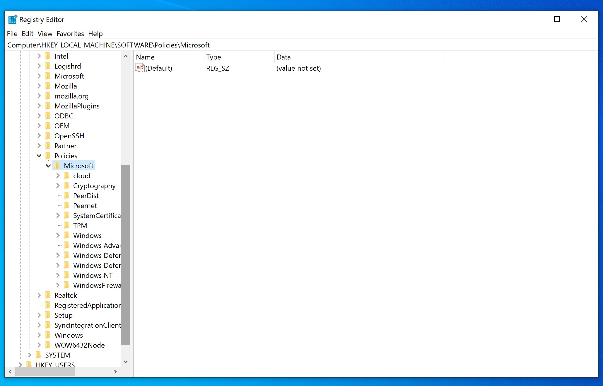 Screenshot of the Registry Editor at path HKEY_LOCAL_MACHINE\SOFTWARE\Policies\Microsoft. The view is empty except for the default entry, indicating no additional keys or values have been created yet.