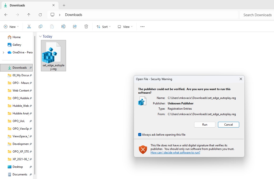 Screenshot of a Windows security warning dialog over a Downloads folder. The file set_edge_autoplay.reg is highlighted. The dialog states that the publisher could not be verified and asks if the user wants to run the software. It lists the file path and type, with buttons for "Run" and "Cancel," and a checkbox labeled "Always ask before opening this file."