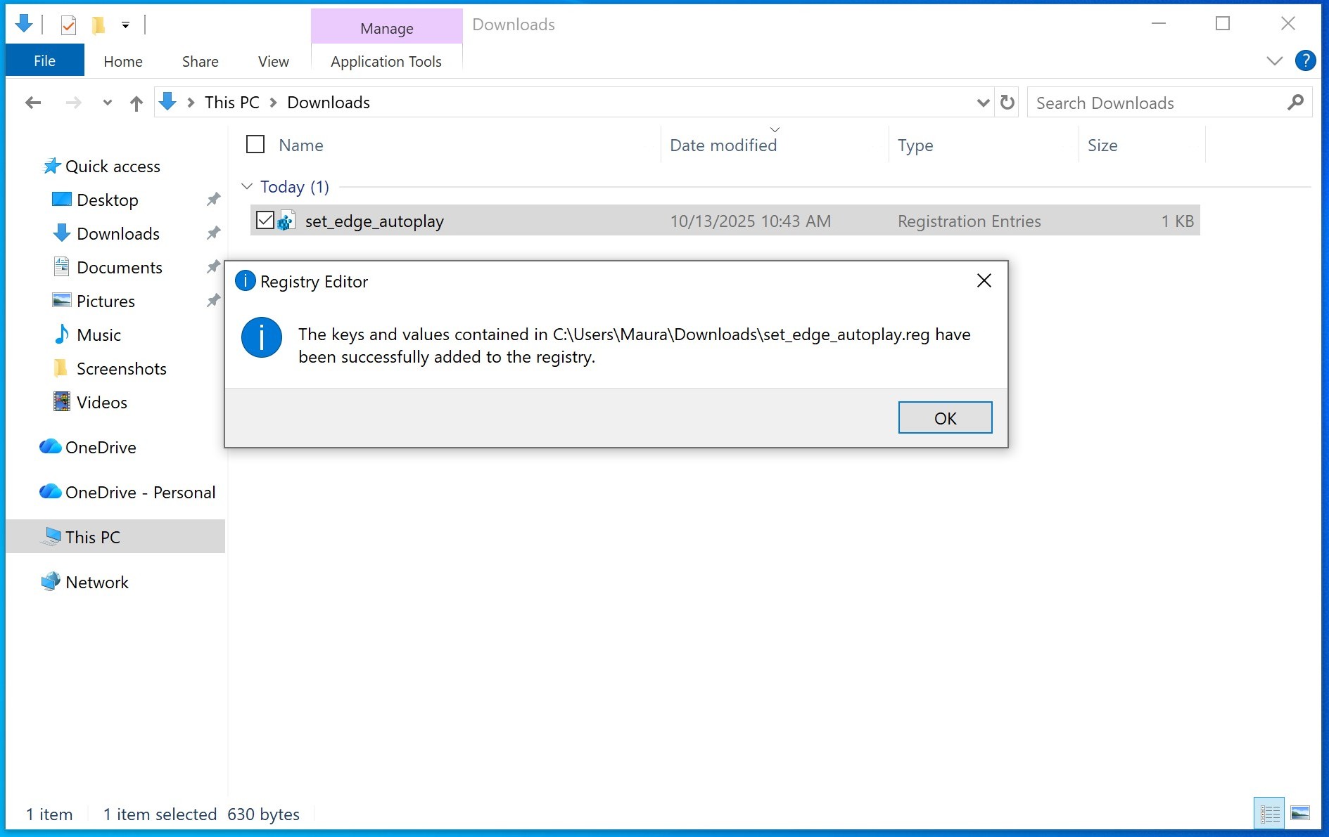 Screenshot of a Registry Editor confirmation dialog. It states that the keys and values from set_edge_autoplay.reg have been successfully added to the registry. The file path is shown under C:\Users\Mauro\Downloads. A single "OK" button is displayed.