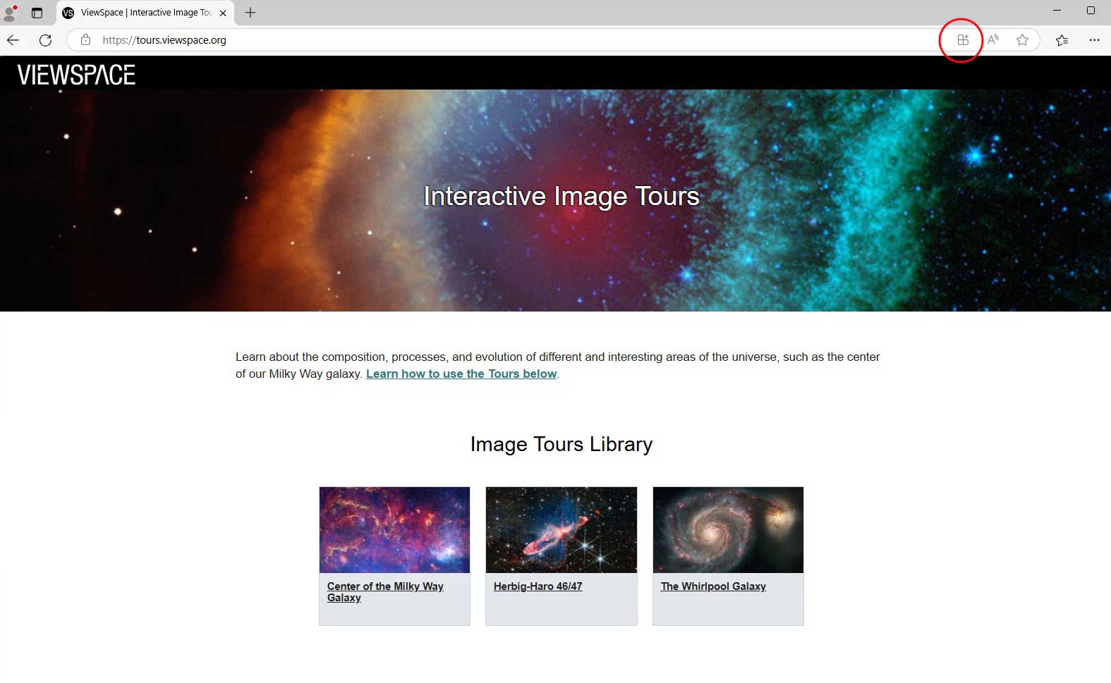Screenshot of the ViewSpace Interactive Image Tours page on Microsoft Edge. At the right end of the address bar is a grid-like icon circled in red.