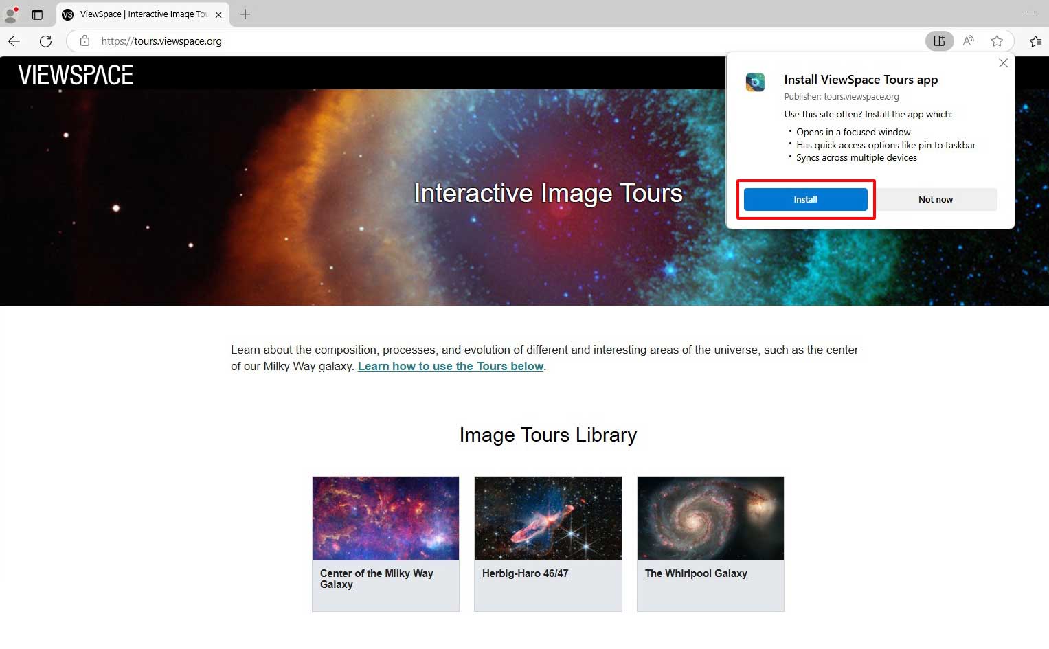 Screenshot of the ViewSpace Interactive Image Tours page on Microsoft Edge. At the right end of the address bar, the grid-like icon is selected. Just below is a pop-up with the words "Install ViewSpace Tours app." In the bottom left corner of the pop-up is a blue button labeled "Install," which has a red box around it.