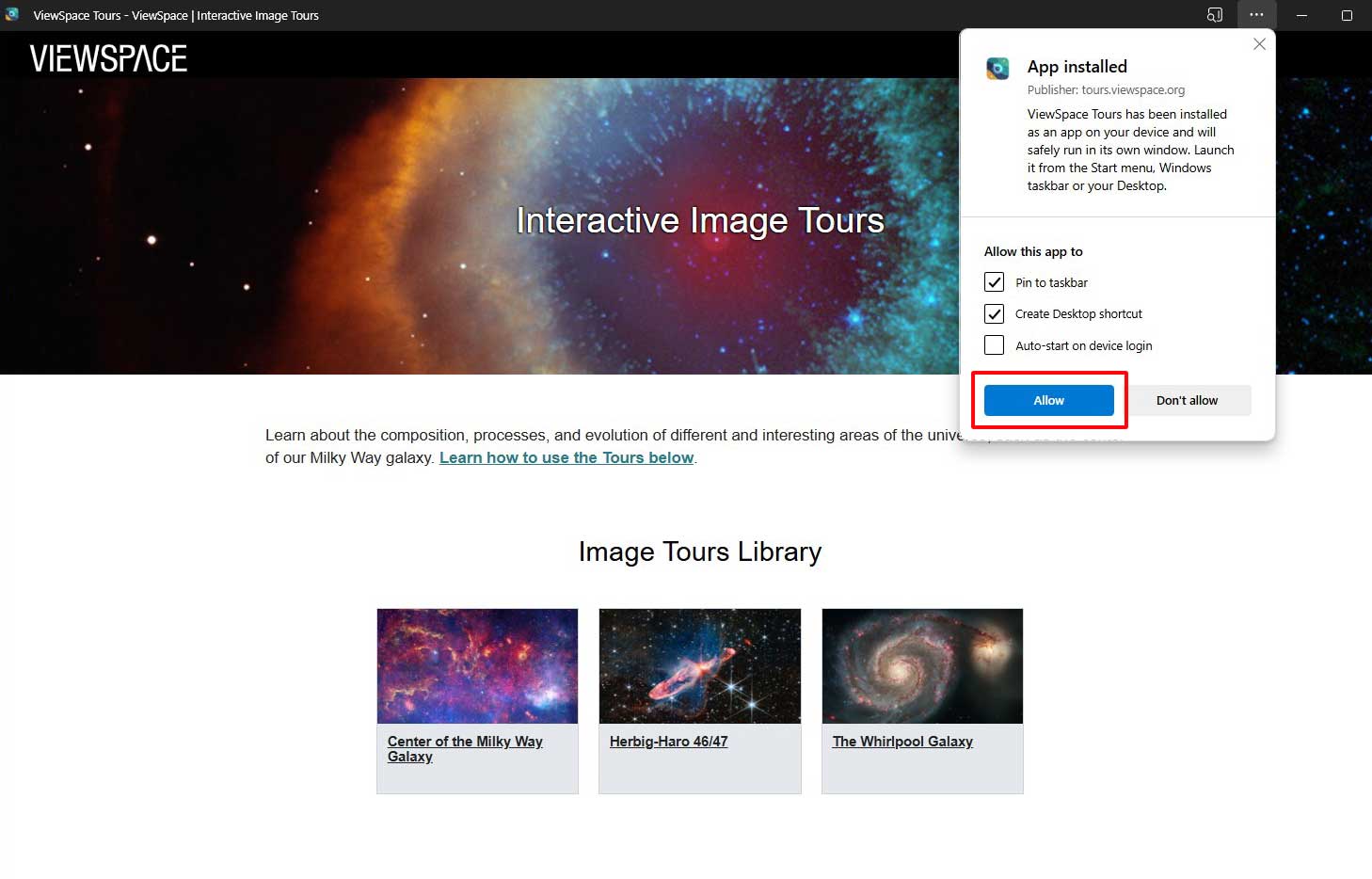 Screenshot of the ViewSpace Interactive Image Tours page on Microsoft Edge. At the right end of the address bar is a pop-up with the words "App installed." In the bottom left corner of the pop-up is a blue button labeled "Allow," which has a red box around it.