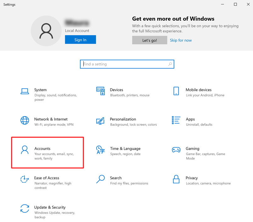 Screenshot of the “Settings” window as seen on a Windows computer. Among a grid-like pattern of options, a red box is around the “Accounts” option.