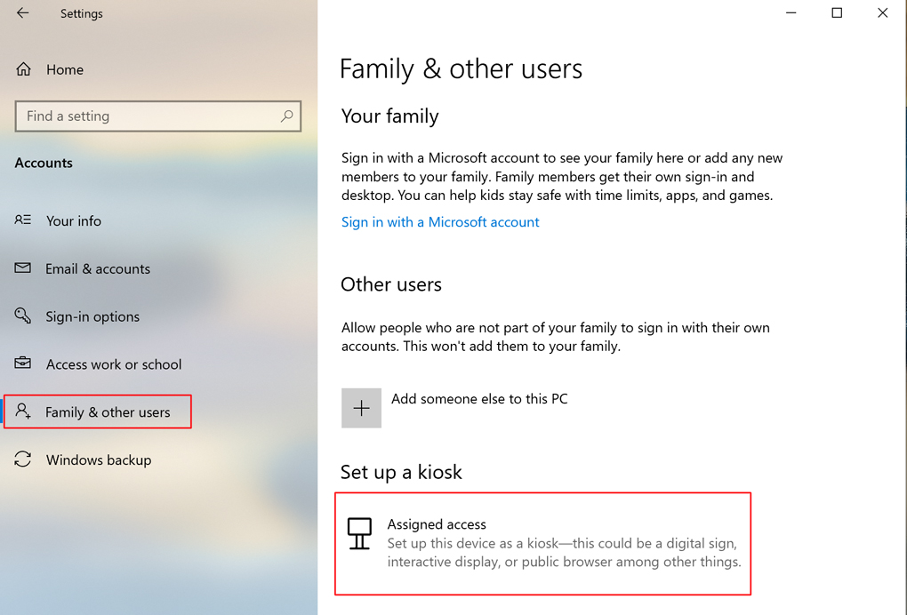 Screenshot of the “Family and other users” window as seen on a Windows computer. Toward the bottom left, a red box is around the "Family and other users" tab. Toward the bottom, underneath the “Set up a kiosk” section, a red box is around the "Assigned access" option.