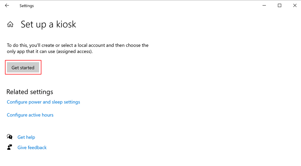 Screenshot of the “Set up a kiosk” window as seen on a Windows computer. A red box highlights the “Get started” button.