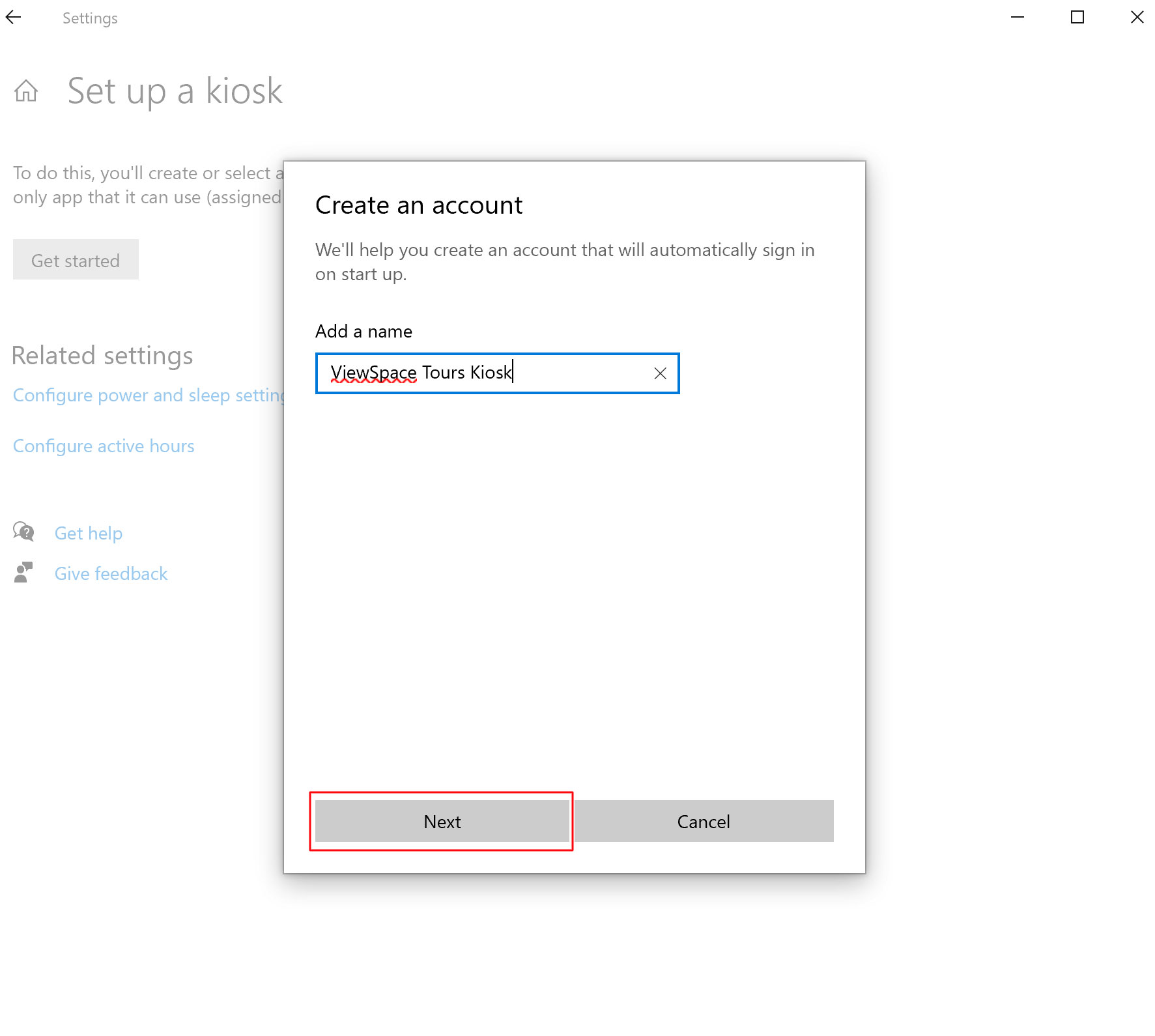 Screenshot of a pop-up window that says “Create an account.” A red box is around the bottom left button, which is labeled "Next."