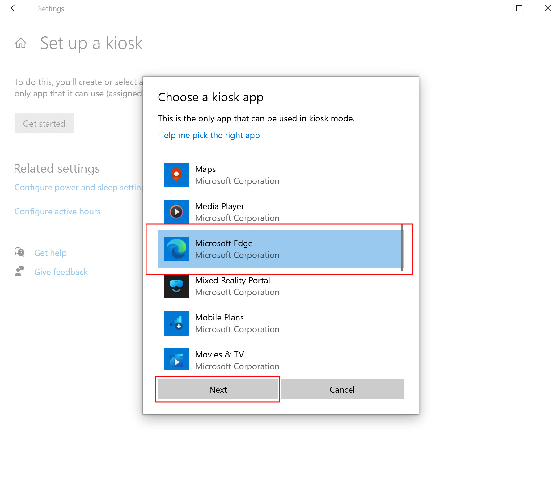 Screenshot of a pop-up window that says “Choose a kiosk app.” Multiple options are listed below, but a red box is around the Microsoft Edge option. A red box is around the bottom left button, which is labeled "Next."
