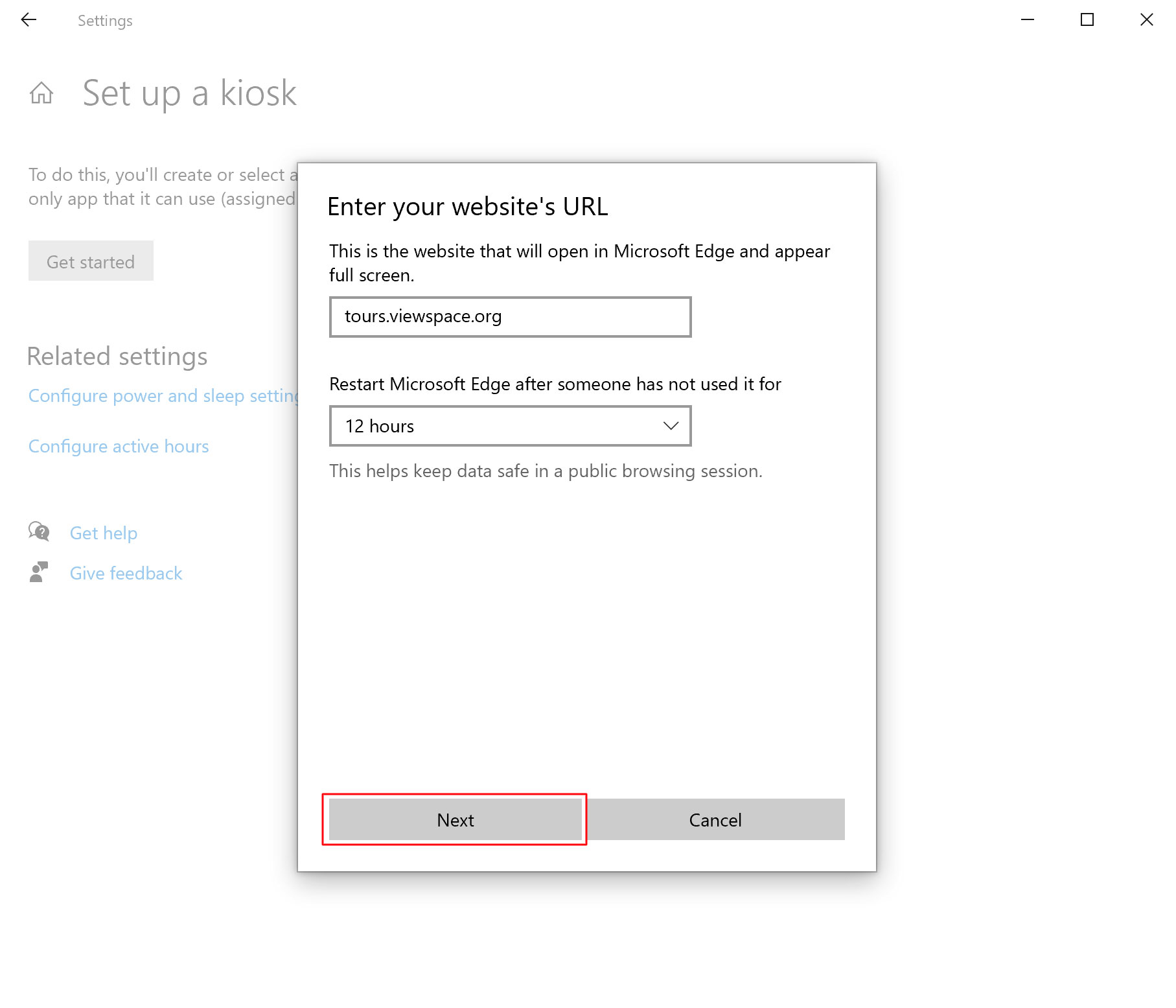 Screenshot of a pop-up window that says “Enter your website’s URL.”  A red box is around the bottom left button, which is labeled "Next."