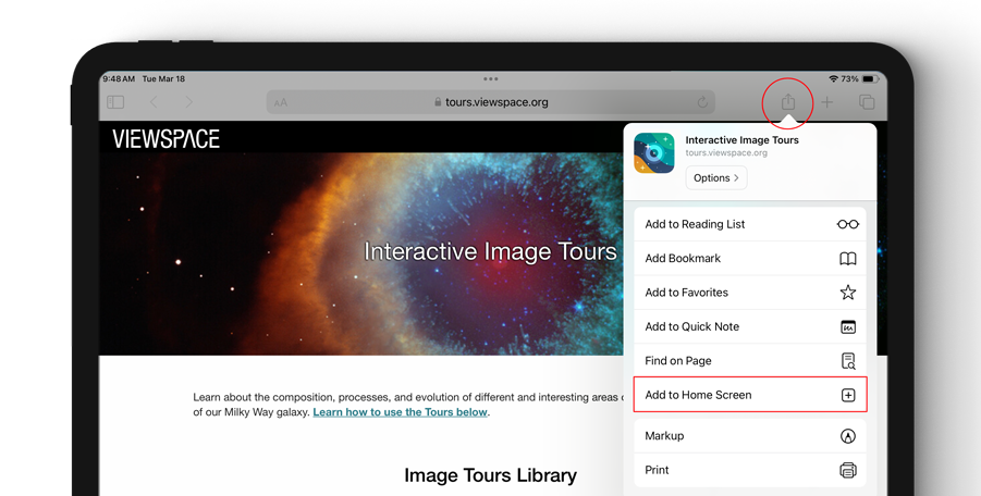 Screenshot of the ViewSpace Interactive Image Tours page on Safari showing a dropdown menu. A red circle highlights the share icon, and a red box is around the "Add to Home Screen" option.