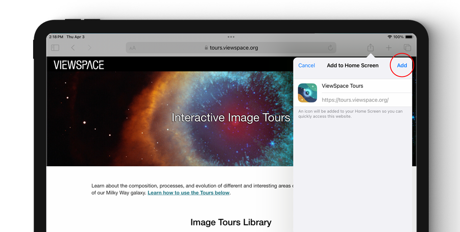 Screenshot of the ViewSpace Interactive Image Tours page. In the upper right is the Add the Home Screen menu, with the Add option circled in red.