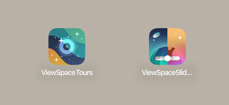 Two app icons against a light brown background. At left is the ViewSpace Tours app icon. At right is the ViewSpace Sliders app icon.