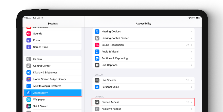 Screenshot showing the Settings menu on the left with a red box around the Accessibility tab. On the right is the Accessibility menu with a red box around the Guided Access option.