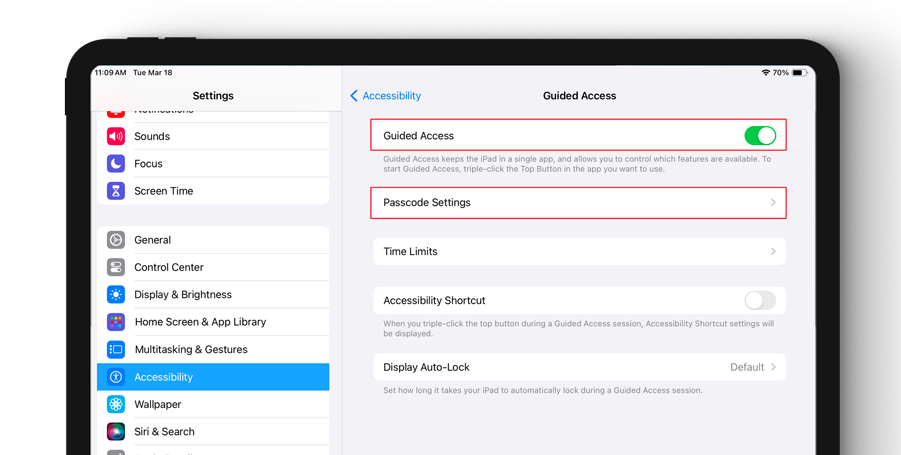 Screenshot showing the Settings menu on the left with the Accessibility option highlighted. On the right is the Guided Access box. A red box is around the Guided Access option and is toggled on. Just below, a red box is around the Passcode Settings section.