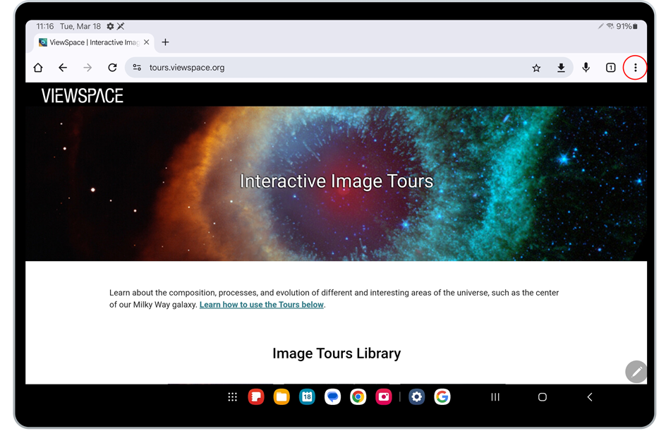 Screenshot of the ViewSpace Interactive Image Tours page on a Samsung tablet. At the right end of the navigation bar, three vertical dots are circled in red.