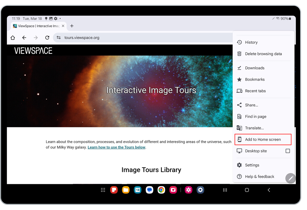 Screenshot of the ViewSpace Interactive Image Tours page on a Samsung tablet. A drop-down menu on the right lists several options. A red box is around the "Add to Home screen" option.