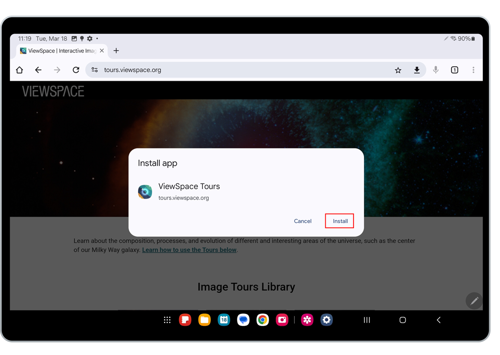 Screenshot of the pop-up notification box confirming that the user would like to "Install App" with a red box around the Install button.