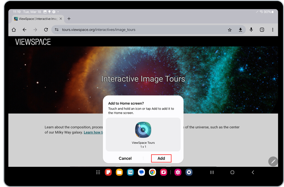 Screenshot of the pop-up notification box labeled "Add to Home screen?" with a red box around the Add button.