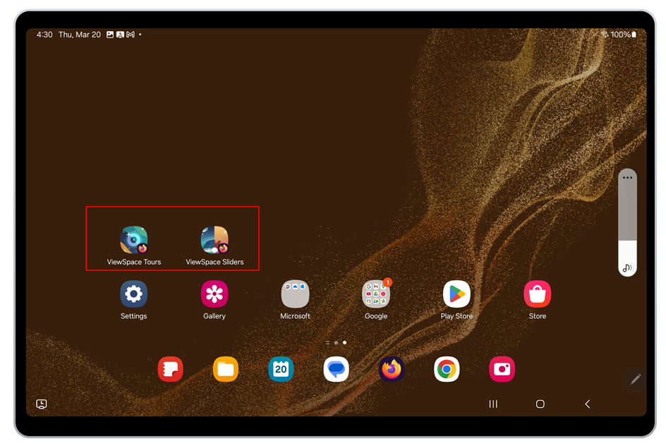 Screenshot of a Samsung tablet's Home screen. The ViewSpace Tours and Sliders app icons have a red box around them.