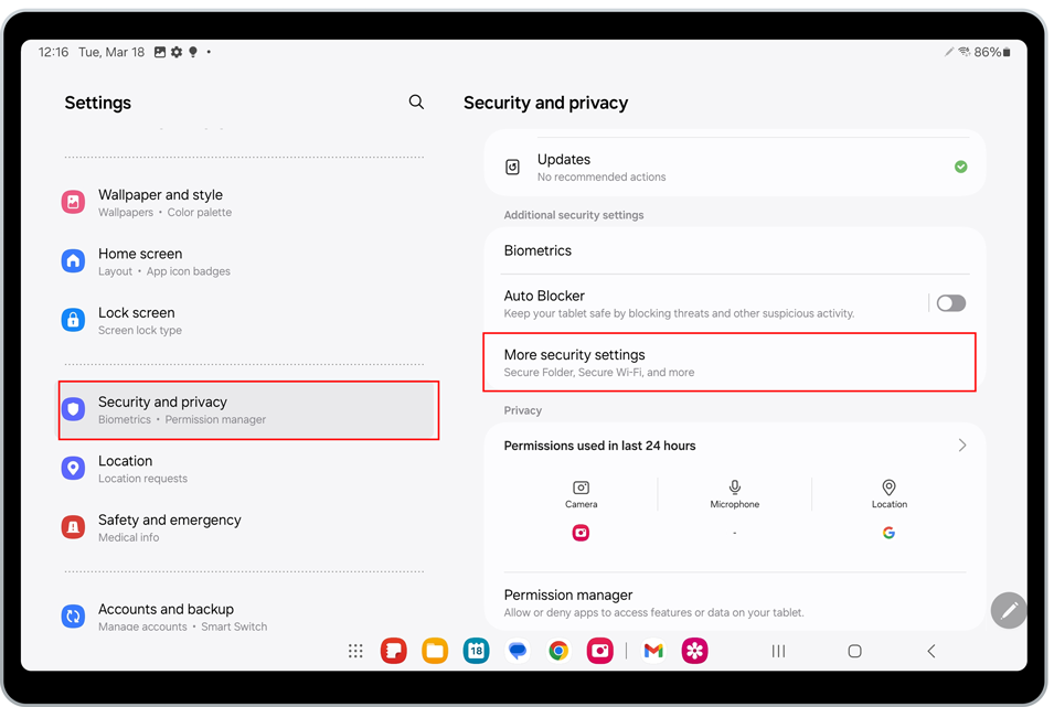 Screenshot of the Settings page opened on a Samsung tablet. At left, a red box is around the "Security and privacy" section. At right, a red box is around the "More security settings" option.