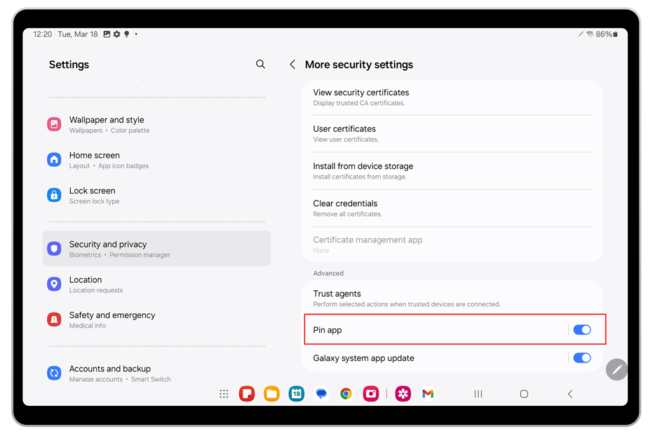 Screenshot of the Settings page opened on a Samsung tablet. At left, the "Security and privacy" section is highlighted. At right, a red box is around the "Pin app" option and toggled on.