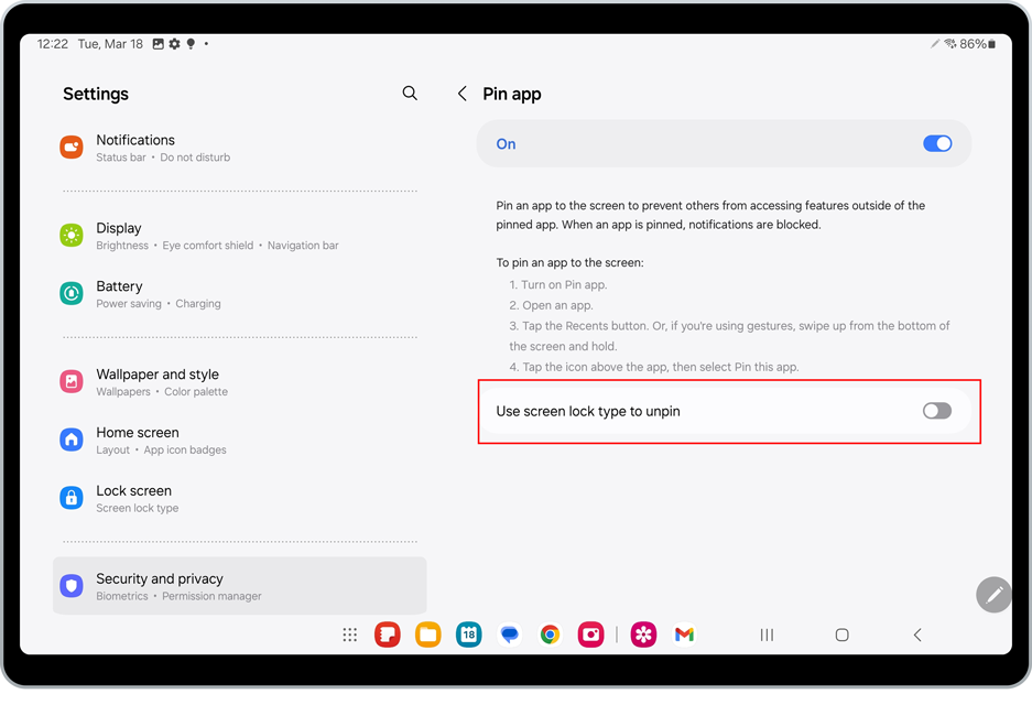Screenshot of the Settings page opened on a Samsung tablet. At left, the "Security and privacy" section is highlighted. At right, the "Pin app" is toggled on, and a red box is around the "Use screen lock type to unpin" option.