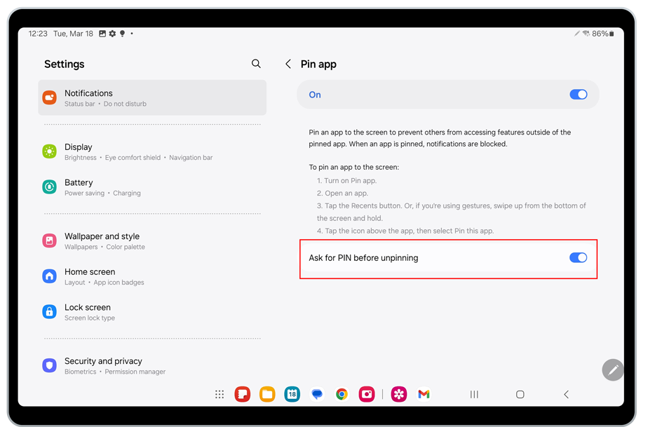 Screenshot of the Settings page opened on a Samsung tablet.  At right, the "Pin app" is toggled on. The "Ask for PIN before unpinning" toggle is on and has a red box around it. At the bottom right, the icon that resembles three vertical tally marks is circled in red.
