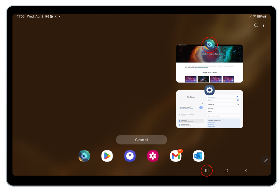 Screenshot of a Samsung tablet screen with the recent applications opened. The Recents button, which resembles three vertical tally marks at the bottom right, is circled in red. The Chrome app, which shows ViewSpace is circled in red.