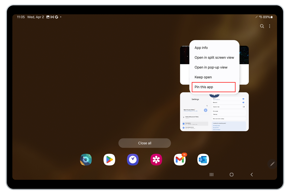 Screenshot of a Samsung tablet screen with the recent applications opened. A drop-down menu is over the Chrome app, and a red box is around the "Pin this app" option.